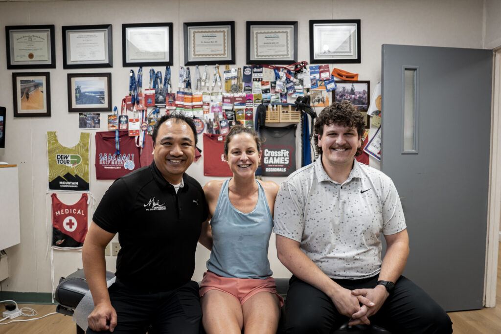 Photo of Alice Alberts with Dr. Mui and Dr. Kelly of Mui Chiropractic and Sports Medicine. 
